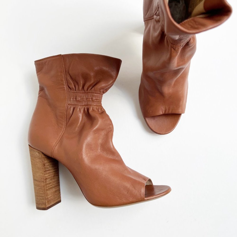 Chloe | Cognac Leather Peep Toe Cinched Ankle Boots | 38.5/8.5 - Picture 1 of 14